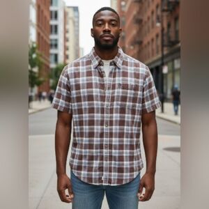 Timberland Plaid Linen Blend Short Sleeve Button Down Size Medium